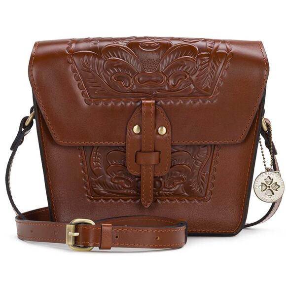 Patricia Nash Marciana Flap Crossbody Tooled Leather Fold Over Adjustable Tan - Picture 1 of 8